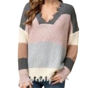 Entro Ride With Me Colorblock Fringe Sweater Size Large